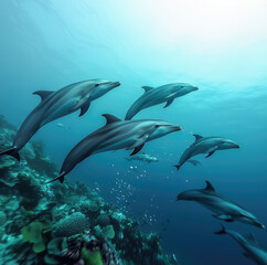 Fototapeta premium Group of dolphins swimming gracefully in deep blue sea, vibrant coral reef below, sunlight filtering through water