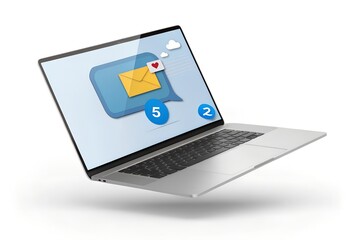 Email Notification Interface laptop Screen with Message Alerts, Envelopes, and Speech Bubble Icons