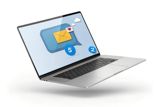 Email Notification Interface laptop Screen with Message Alerts, Envelopes, and Speech Bubble Icons