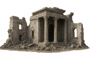 Ruined building with columns on transparent background