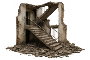 Ruined concrete staircase leading to damaged building on transparent background