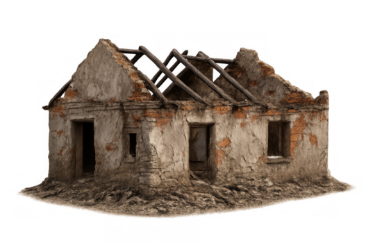 Ruined abandoned house with collapsing roof on transparent background