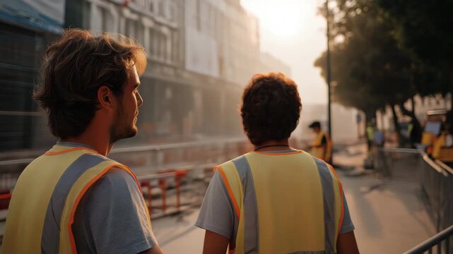 Spanish construction workers wearing safety vests working under strong sun with visible heat haze, Madrid, Mediterranean European appearance, documentary dramatic Spain heatwave