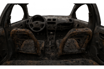 Burnt car interior showing destruction and decay on transparent background