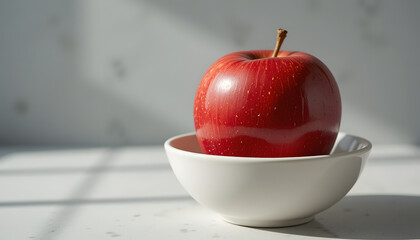 Vibrant red apple resting in a clean white bowl, bathed in soft sunlight, evoking freshness and health.