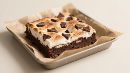 A marshmallow brownie, decorated with chocolate chunks on the surface, is placed in a metal pan lined with baking paper and looks delicious and tempting.