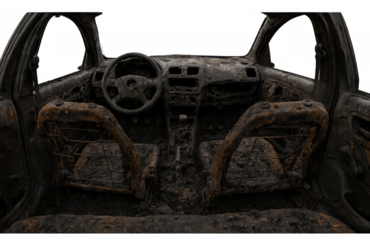 Burnt car interior showing destruction and decay on transparent background