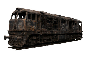 Abandoned rusty train wreck with transparent background symbolizing destruction and decay