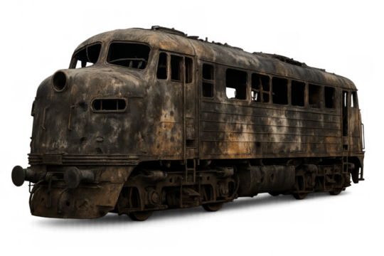 Rusty abandoned train showing destruction and decay on transparent background