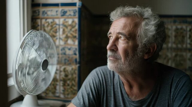 A man with a white fan. elderly Spanish man sitting indoors with portable fan blowing, Mediterranean European appearance, traditional Spanish tile decor, documentary muted Spain heatwave