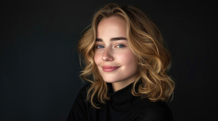 Fototapeta premium Young woman with wavy hair smiling softly while posing against a dark background in a cozy indoor setting