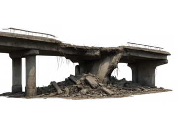 Broken concrete bridge collapsing after earthquake on transparent background