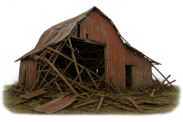 Dilapidated red barn collapsing on transparent background