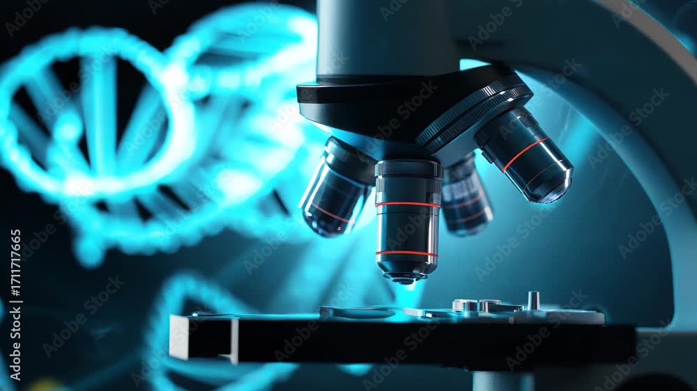 Poster a close-up view of a microscope with its lenses focusing on a vibrant dna helix in the background, s
