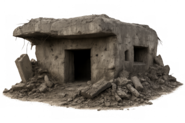 Abandoned war bunker crumbling under destructive siege on transparent background