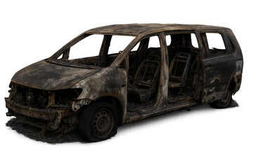 Burned minivan isolated on transparent background showing fire damage
