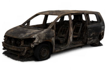 Burned minivan isolated on transparent background showing fire damage
