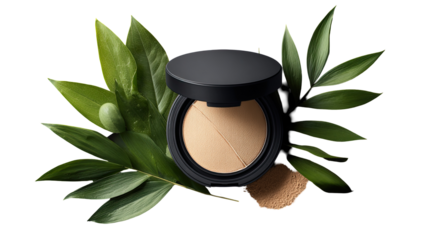 Matte, beige compact powder, encircled by lush green leaves