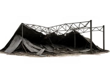 Ruined collapsed industrial building on transparent background