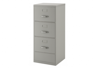 Grey metal filing cabinet with four drawers on transparent background