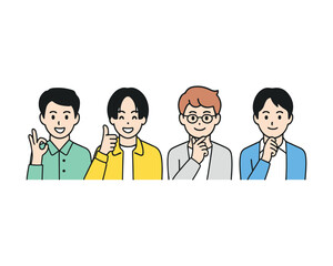 Fototapeta premium Simple vector illustration of four casual young men smiling with joy