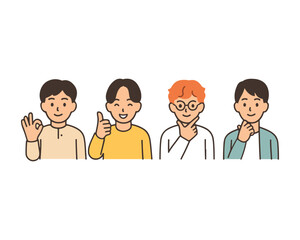 Naklejka premium Simple vector illustration of four casual young men smiling with joy