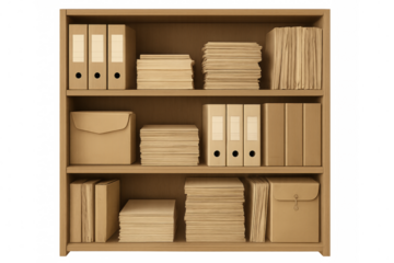 Wooden bookshelf storing files, folders, and paperwork on transparent background