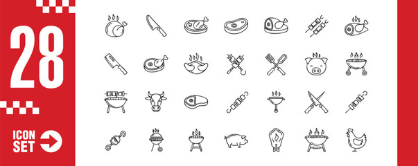 Set of meat icons contains symbols such as chicken, steak, pork, beef, lamb, and kebab perfect for butcher shop, restaurant menu, and food packaging