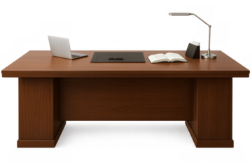 Modern office desk with laptop, book, and lamp on transparent background