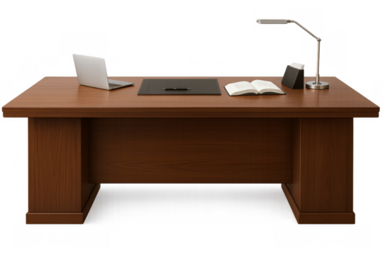 Modern office desk with laptop, book, and lamp on transparent background