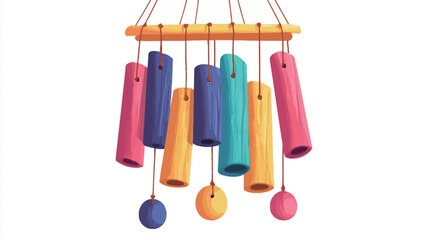 A digital illustration of a colorful wooden wind chime. The wind chime is composed of multiple cylindrical tubes in various bright colors (orange, yellow, pink, purple, blue, teal) suspended from a