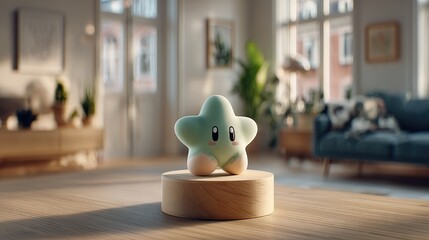 Light-green star figurine on wooden pedestal in cozy living room