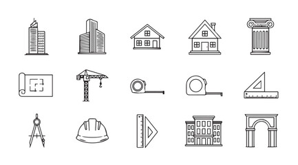 Architectural and construction icons representing buildings tools and blueprints silhouette