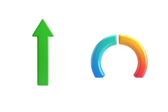 Green arrow and colorful gauge icon on transparent background ideal for business presentations and PNG graphics