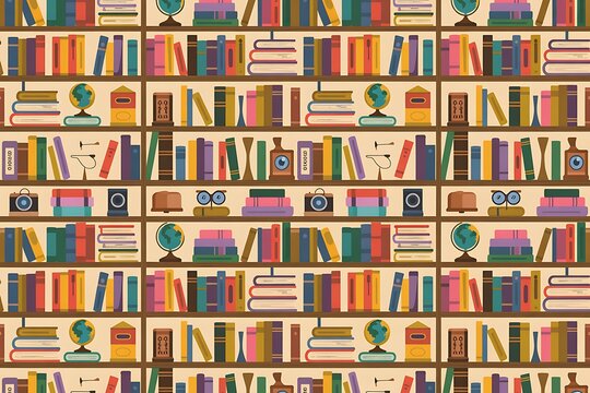 Colorful seamless pattern of bookshelves filled with books globes and cameras bookshelf library