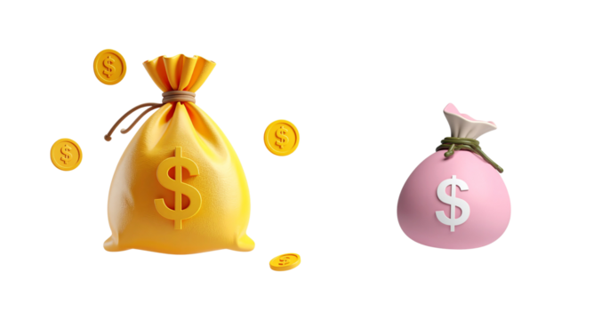 Yellow and pink money bag with dollar signs and coins on transparent background is perfect for business graphics in PNG format