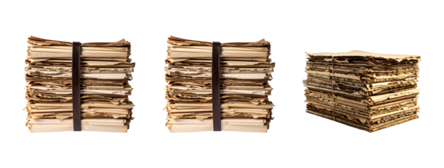 Stacks of old newspapers tied with black bands on transparent background convey vintage business theme