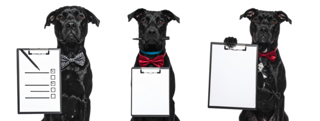 Three dogs wearing bow ties hold clipboards in business themed PNG image