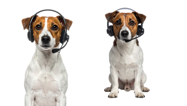 Two dogs wearing headsets create playful business concept in this PNG image