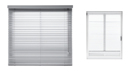 Modern window with sleek white blinds is shown in transparent PNG format ideal for business presentations