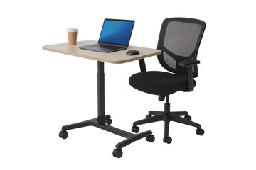 Modern office desk with laptop, coffee and ergonomic chair on transparent background