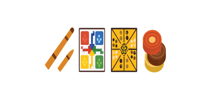 Print  Flat colorful vector icons of traditional Indian board games &ndash; Gilli Danda, Ludo, Chaupar, and Carrom pieces, isolated on white background.