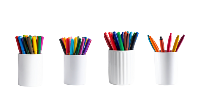 Colorful pens in white holders on transparent background create vibrant business png image