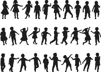 Children silhouette vector set, boys and girls in playful poses, dancing, walking, running, happy kids, childhood movement, isolated black kids shapes