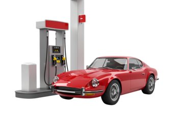 Classic Red Sports Car at a Gas Station Fueling Up a Vintage Automobile isolated on transparent background