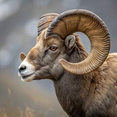 Close up profile of a majestic bighorn sheep ram with large curled horns