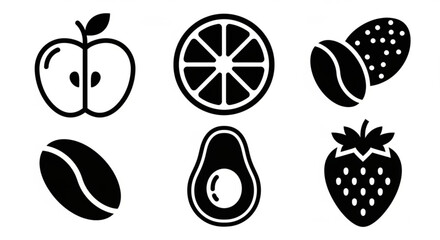 Black and white vector icons of apple slice, orange slice, coffee beans, avocado and strawberry created with generated ai