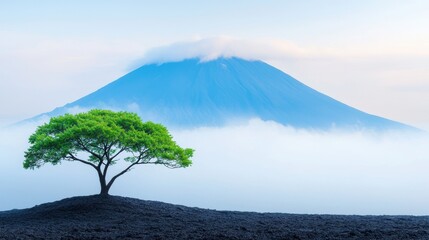 A tree standing tall amid the looming presence of an active volcano, symbolizing nature endurance.