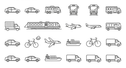 Line art depiction of various modes of transportation including cars, trucks, trains, planes, and boats created with generated ai