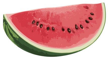 Close-up shot of a single slice of watermelon against a white background. The slice is oriented with the rind at the bottom and shows the red flesh with visible black seeds. 